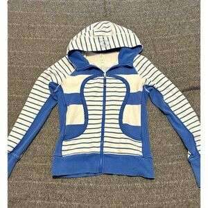 Lululemon Scuba Hoodie Classic Cotton Fleece White/Blue Stripe Size 10